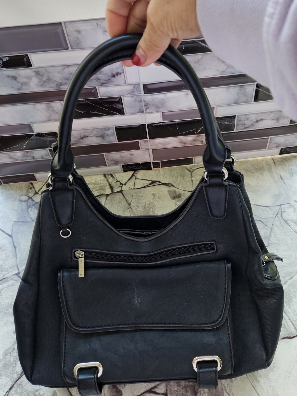 Classic Black Shoulder Tote with Front Zip and Snap Pocket - Picture 8 of 16